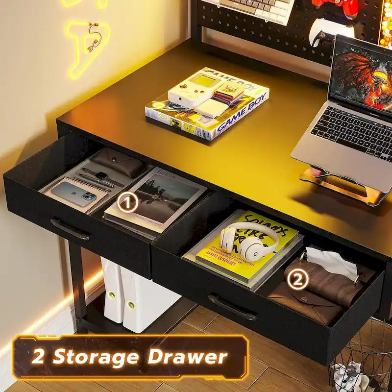 L-Shaped Gaming Desk with LED Lights, Pegboard, Drawers & Monitor Stand