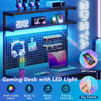 L-Shaped Gaming Desk with LED Lights, Pegboard, Drawers & Monitor Stand