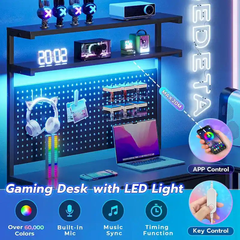 L-Shaped Gaming Desk with LED Lights, Pegboard, Drawers & Monitor Stand