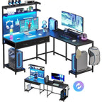 L-Shaped Gaming Desk with LED Lights, Pegboard, Drawers & Monitor Stand