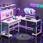 L-Shaped Gaming Desk with LED Lights, Pegboard, Drawers & Monitor Stand