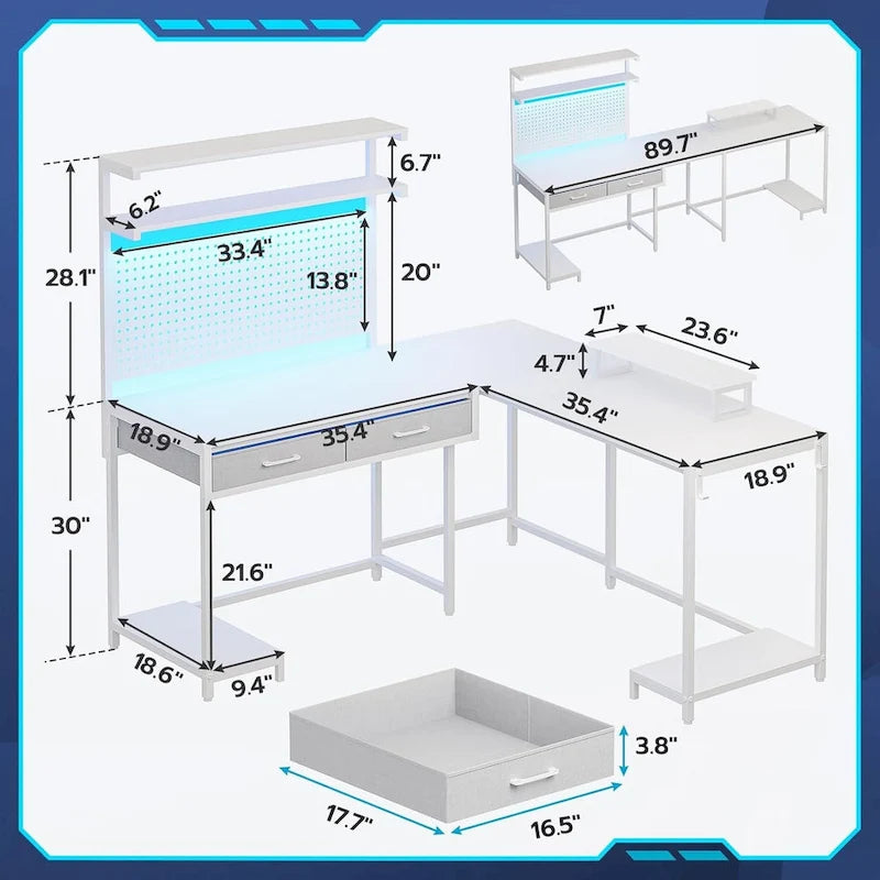 L-Shaped Gaming Desk with LED Lights, Pegboard, Drawers & Monitor Stand