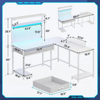 L-Shaped Gaming Desk with LED Lights, Pegboard, Drawers & Monitor Stand