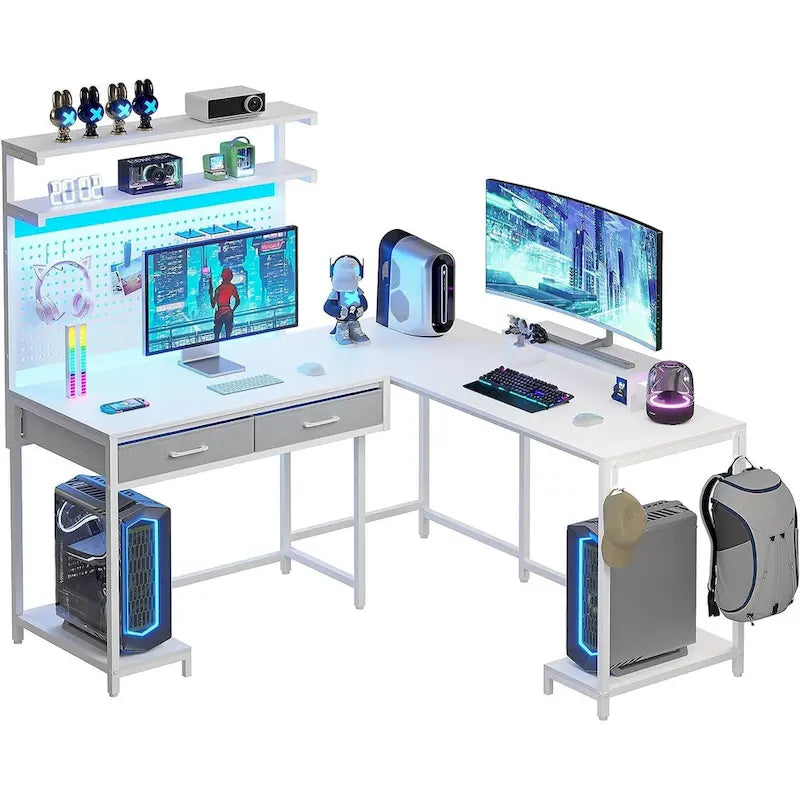 L-Shaped Gaming Desk with LED Lights, Pegboard, Drawers & Monitor Stand