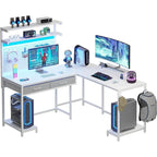 L-Shaped Gaming Desk with LED Lights, Pegboard, Drawers & Monitor Stand