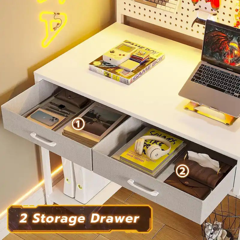 L-Shaped Gaming Desk with LED Lights, Pegboard, Drawers & Monitor Stand