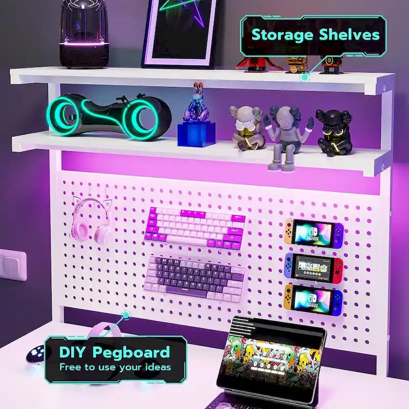 L-Shaped Gaming Desk with LED Lights, Pegboard, Drawers & Monitor Stand
