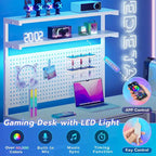 L-Shaped Gaming Desk with LED Lights, Pegboard, Drawers & Monitor Stand