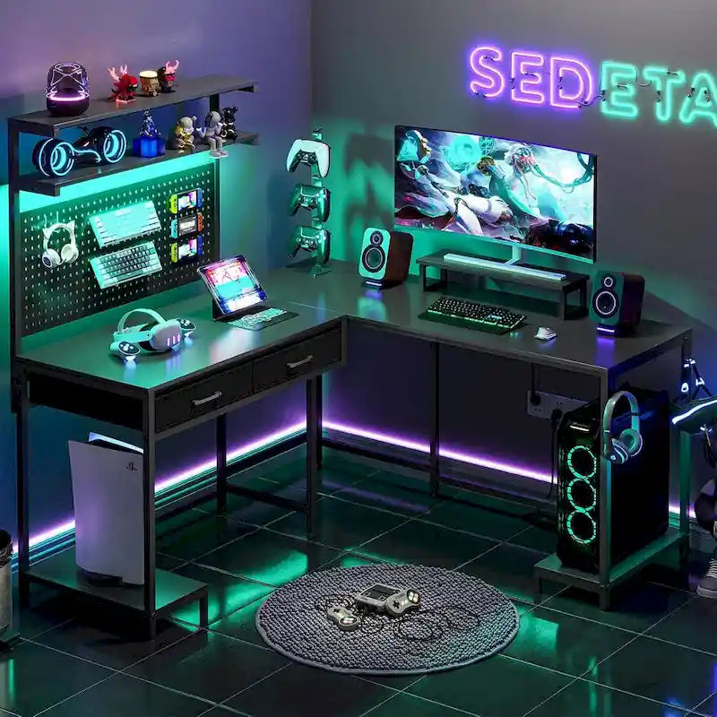 L-Shaped Gaming Desk with LED Lights, Pegboard, Drawers & Monitor Stand