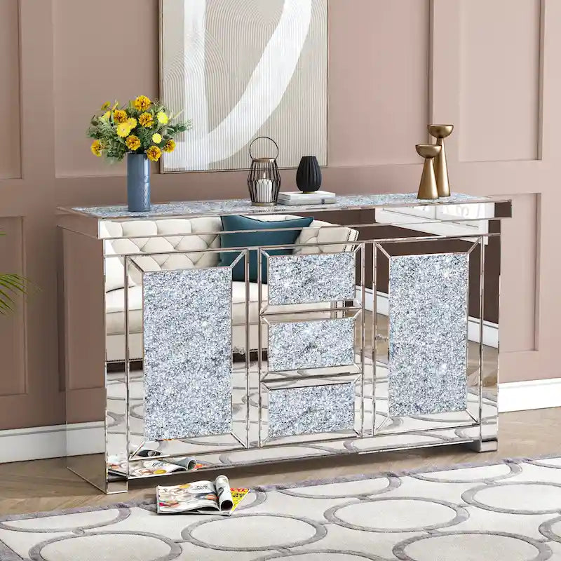 Glam Mirrored Diamond Accent Cabinet Sideboard with 3 Drawers & 2 Doors