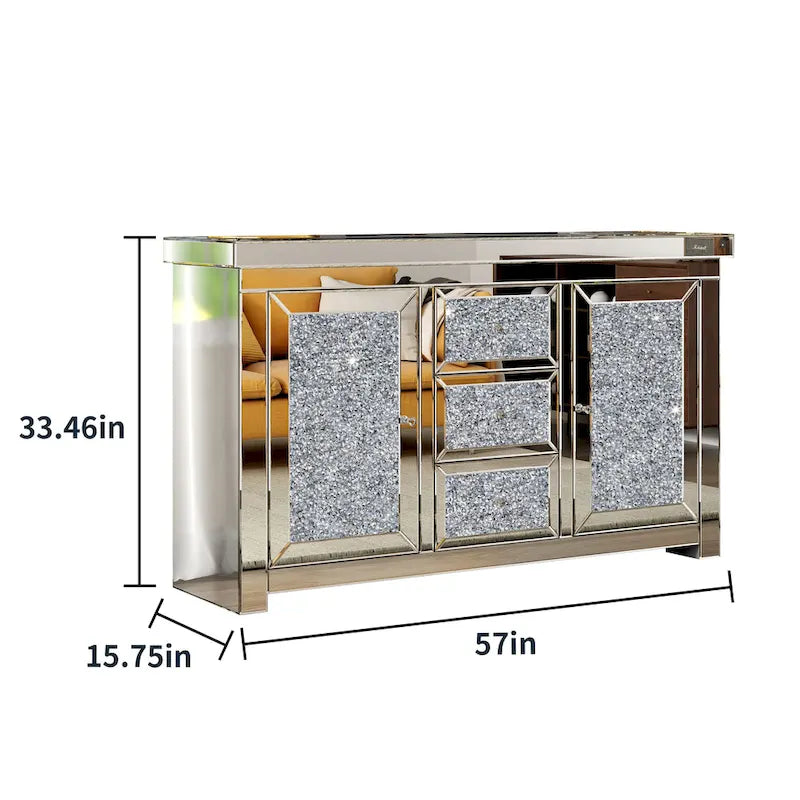 Glam Mirrored Diamond Accent Cabinet Sideboard with 3 Drawers & 2 Doors