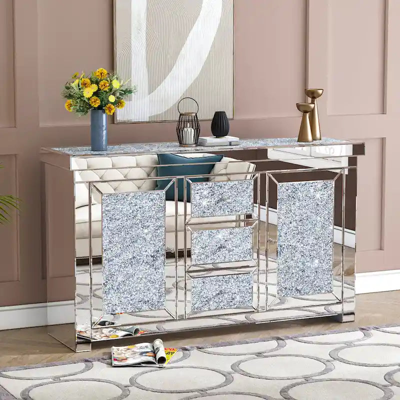 Glam Mirrored Diamond Accent Cabinet Sideboard with 3 Drawers & 2 Doors