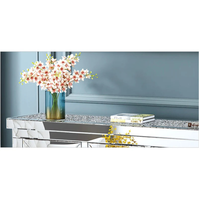 Glam Mirrored Diamond Accent Cabinet Sideboard with 3 Drawers & 2 Doors