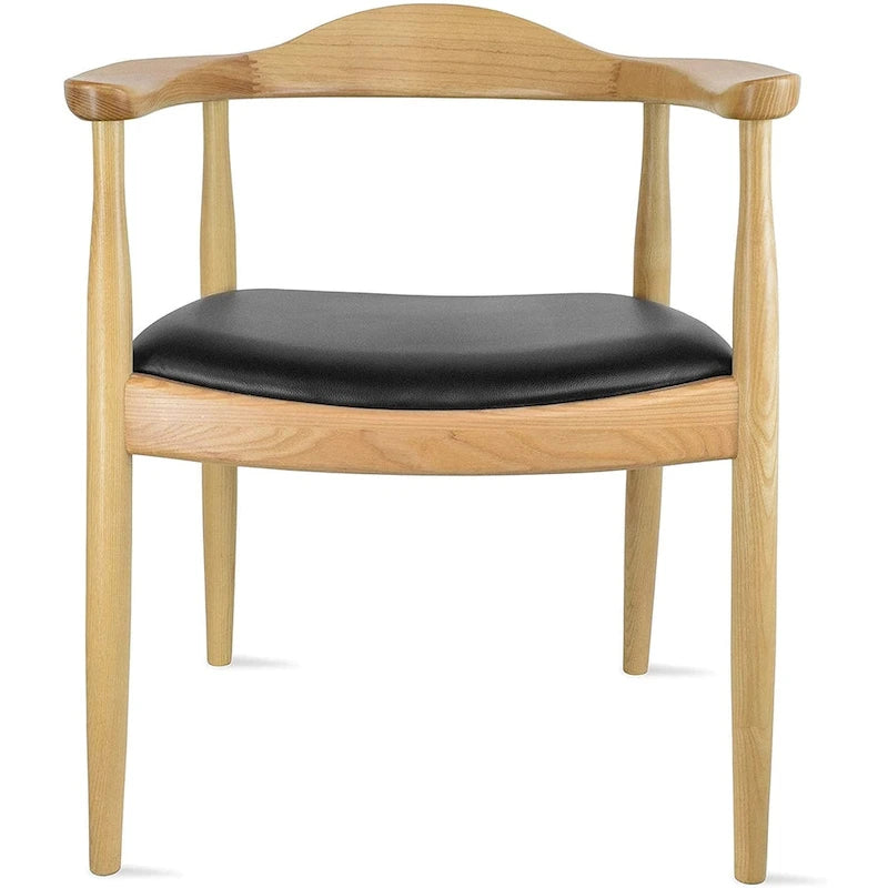 Solid Oak Wood Arm Chair with PU Leather Upholstery, Mid-Century Modern
