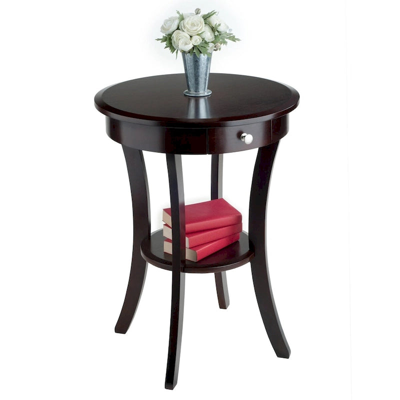 Round Cappuccino Accent Table with Drawer & Shelf, 20"W x 27"H