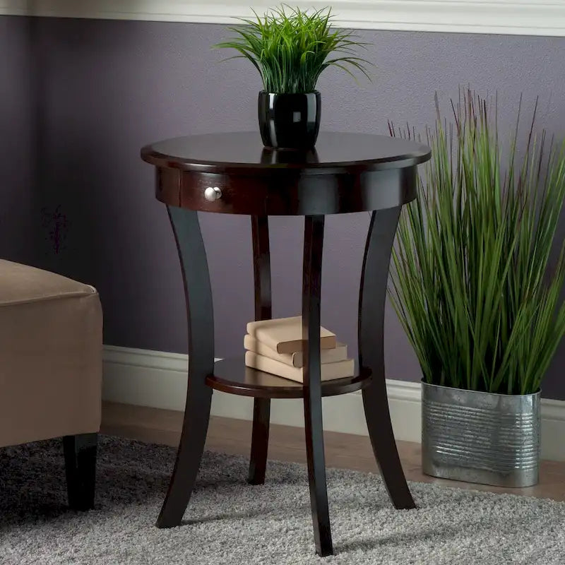 Round Cappuccino Accent Table with Drawer & Shelf, 20"W x 27"H