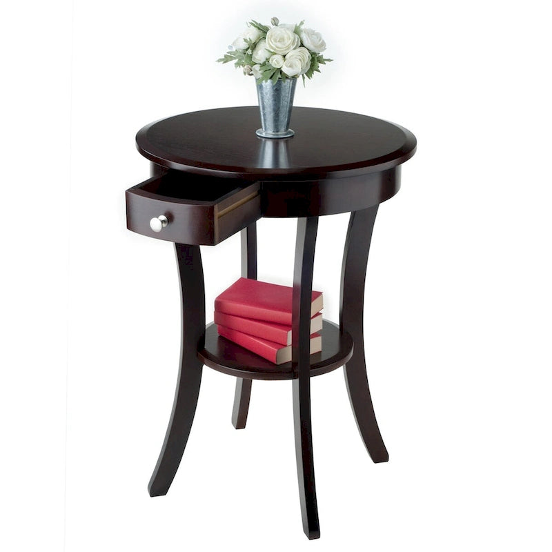 Round Cappuccino Accent Table with Drawer & Shelf, 20"W x 27"H