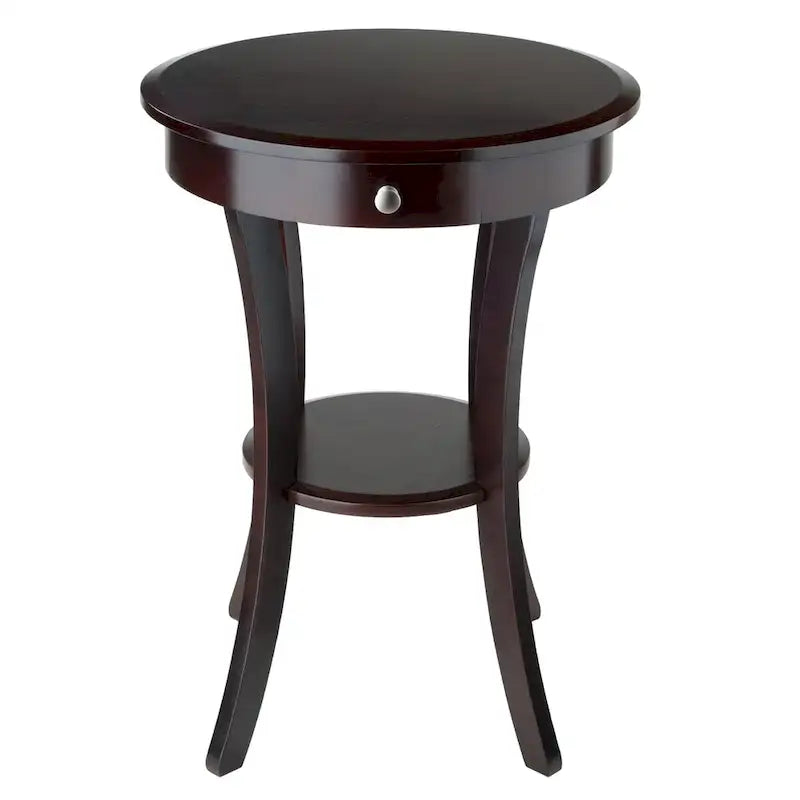 Round Cappuccino Accent Table with Drawer & Shelf, 20"W x 27"H