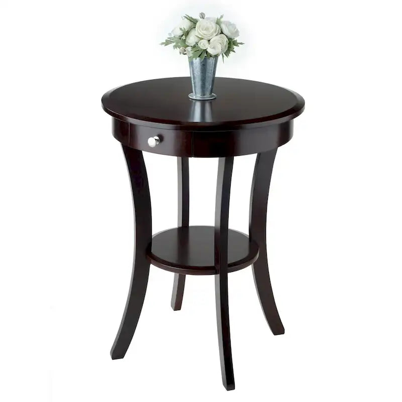 Round Cappuccino Accent Table with Drawer & Shelf, 20"W x 27"H