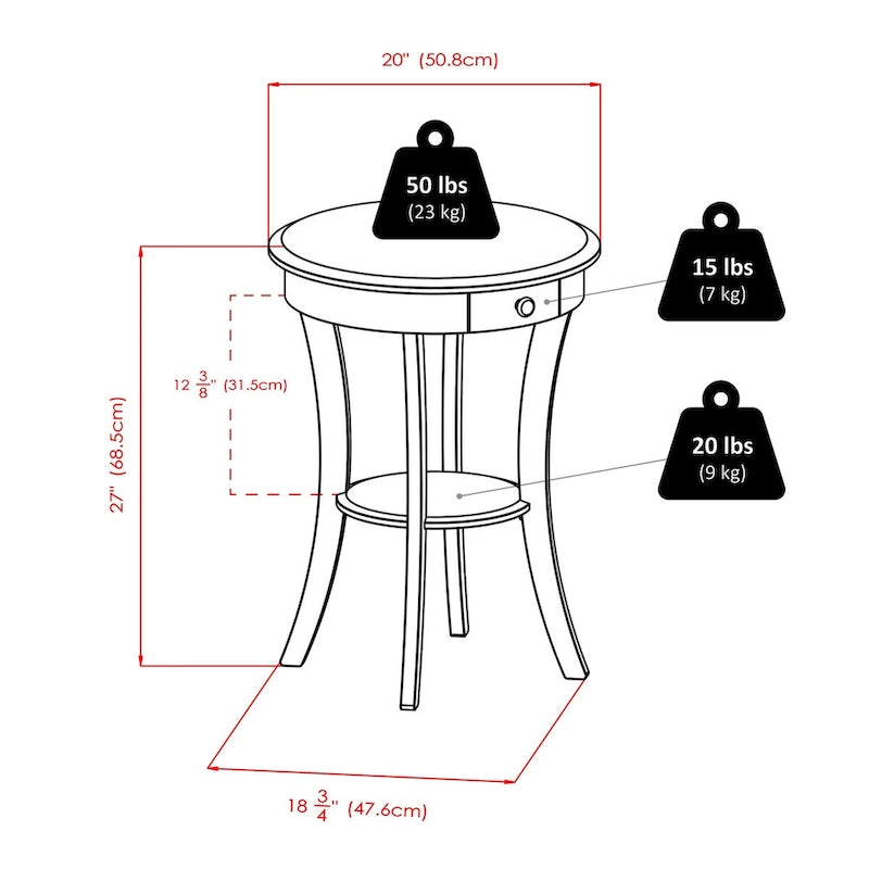 Round Cappuccino Accent Table with Drawer & Shelf, 20"W x 27"H
