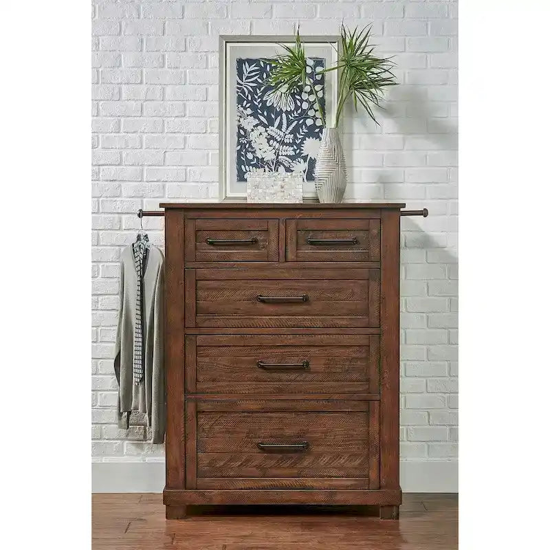 Rustic Solid Pine 4-Piece Storage Bedroom Set with USB Charging & Hidden Drawer