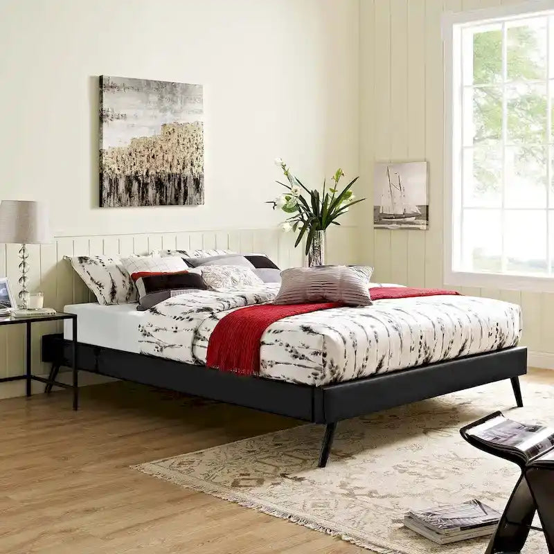 Queen Platform Bed Frame with Round Splayed Legs and Vinyl Upholstery