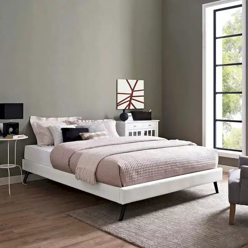 Queen Platform Bed Frame with Round Splayed Legs and Vinyl Upholstery