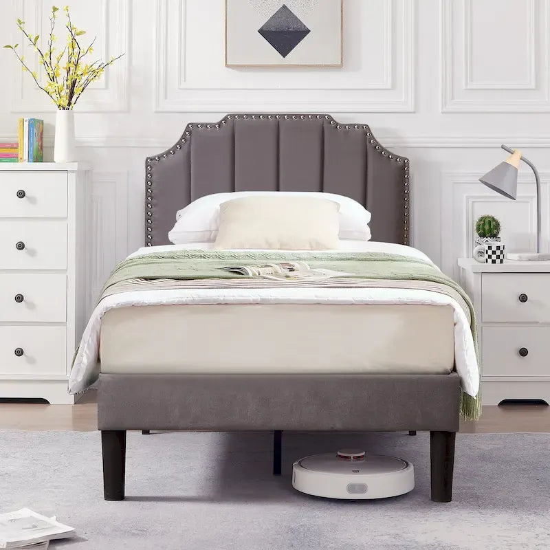 Upholstered Platform Bed Frame with Nailhead Adjustable Headboard, No Box Spring Needed