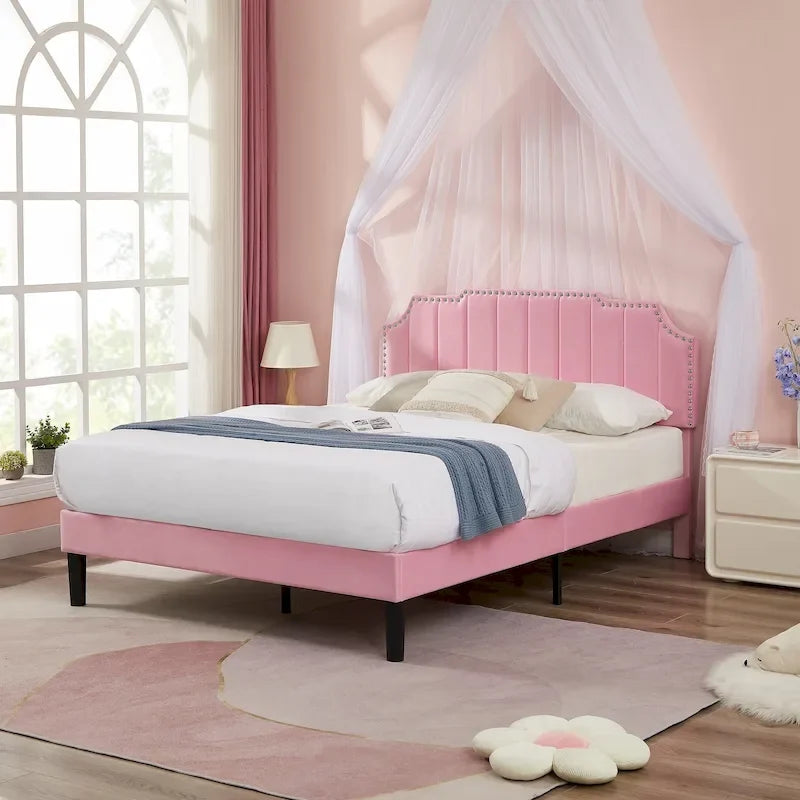 Upholstered Platform Bed Frame with Nailhead Adjustable Headboard, No Box Spring Needed