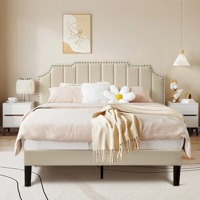 Upholstered Platform Bed Frame with Nailhead Adjustable Headboard, No Box Spring Needed