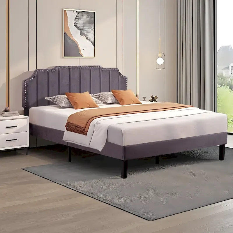 Upholstered Platform Bed Frame with Nailhead Adjustable Headboard, No Box Spring Needed