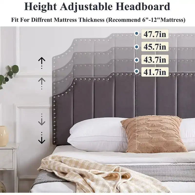 Upholstered Platform Bed Frame with Nailhead Adjustable Headboard, No Box Spring Needed