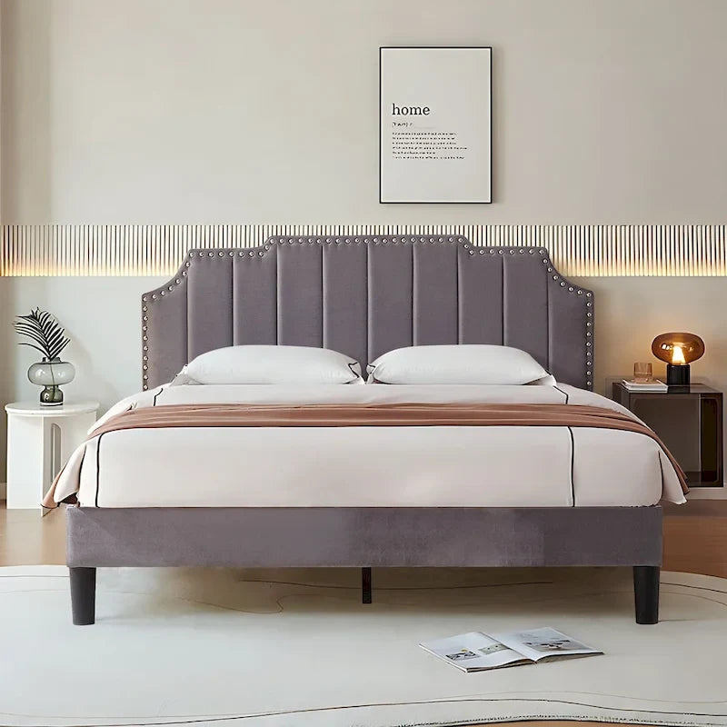 Upholstered Platform Bed Frame with Nailhead Adjustable Headboard, No Box Spring Needed
