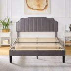 Upholstered Platform Bed Frame with Nailhead Adjustable Headboard, No Box Spring Needed