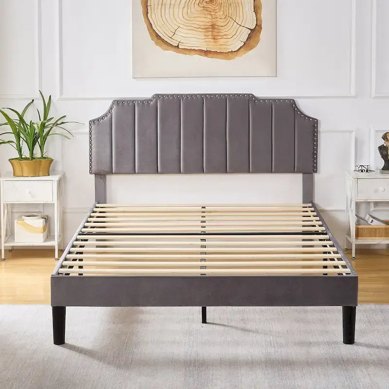 Upholstered Platform Bed Frame with Nailhead Adjustable Headboard, No Box Spring Needed