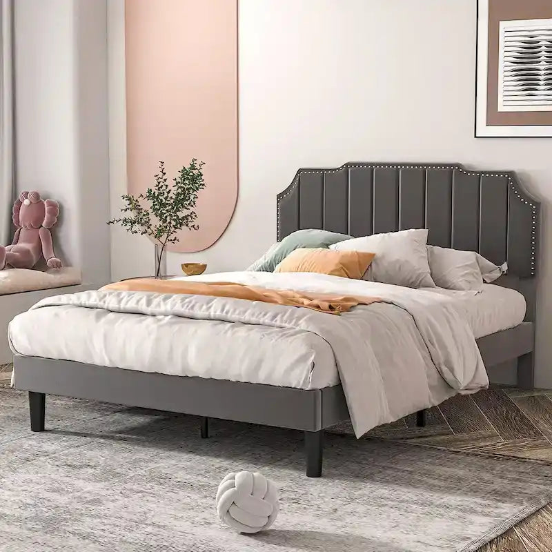 Upholstered Platform Bed Frame with Nailhead Adjustable Headboard, No Box Spring Needed