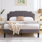 Upholstered Platform Bed Frame with Nailhead Adjustable Headboard, No Box Spring Needed