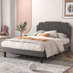 Upholstered Platform Bed Frame with Nailhead Adjustable Headboard, No Box Spring Needed