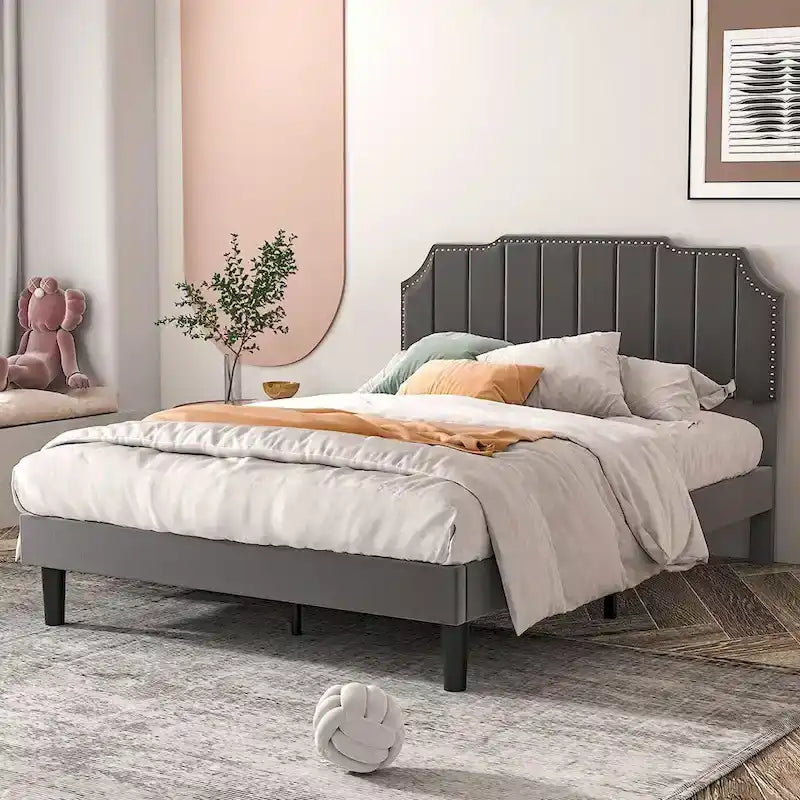 Upholstered Platform Bed Frame with Nailhead Adjustable Headboard, No Box Spring Needed
