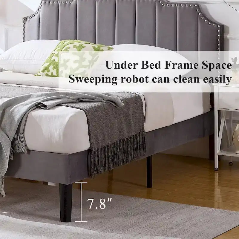 Upholstered Platform Bed Frame with Nailhead Adjustable Headboard, No Box Spring Needed