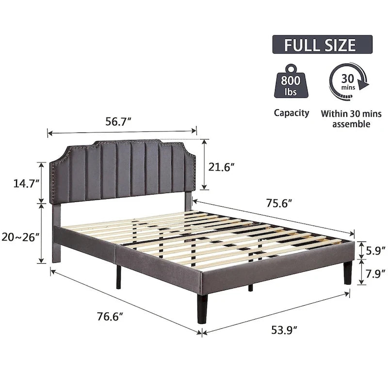 Upholstered Platform Bed Frame with Nailhead Adjustable Headboard, No Box Spring Needed