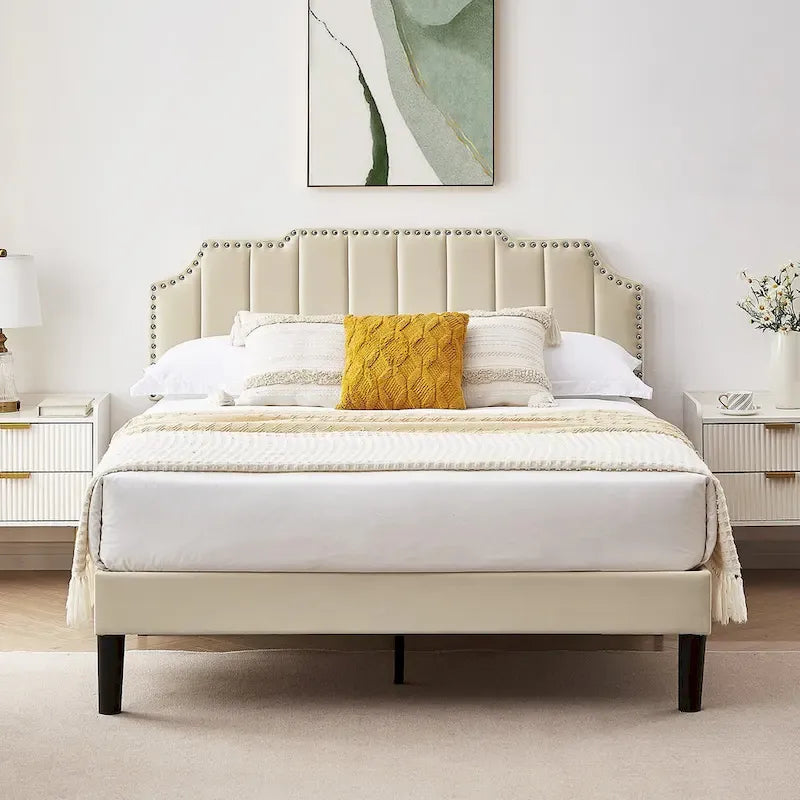 Upholstered Platform Bed Frame with Nailhead Adjustable Headboard, No Box Spring Needed