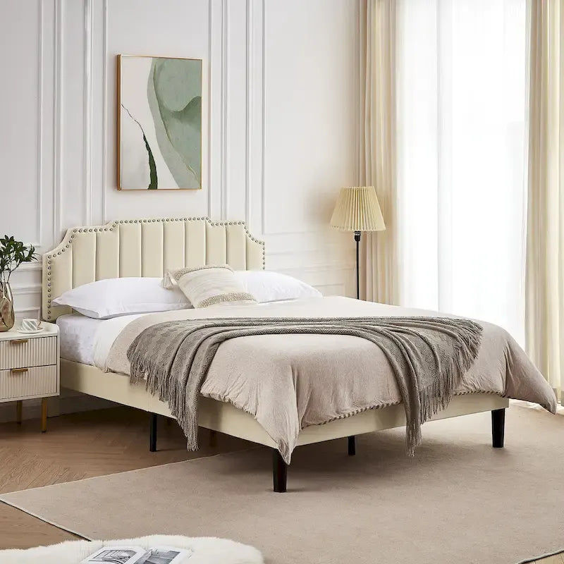 Upholstered Platform Bed Frame with Nailhead Adjustable Headboard, No Box Spring Needed