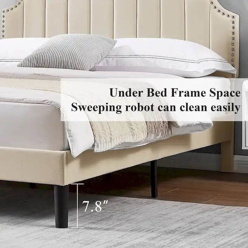 Upholstered Platform Bed Frame with Nailhead Adjustable Headboard, No Box Spring Needed