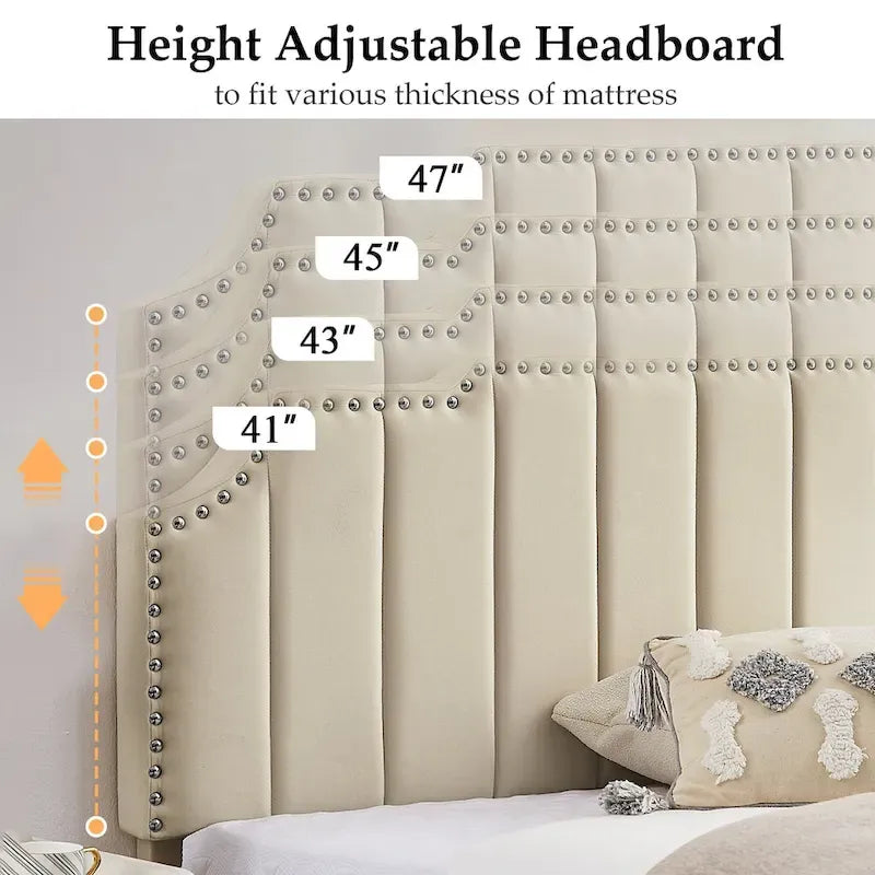 Upholstered Platform Bed Frame with Nailhead Adjustable Headboard, No Box Spring Needed