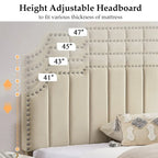 Upholstered Platform Bed Frame with Nailhead Adjustable Headboard, No Box Spring Needed