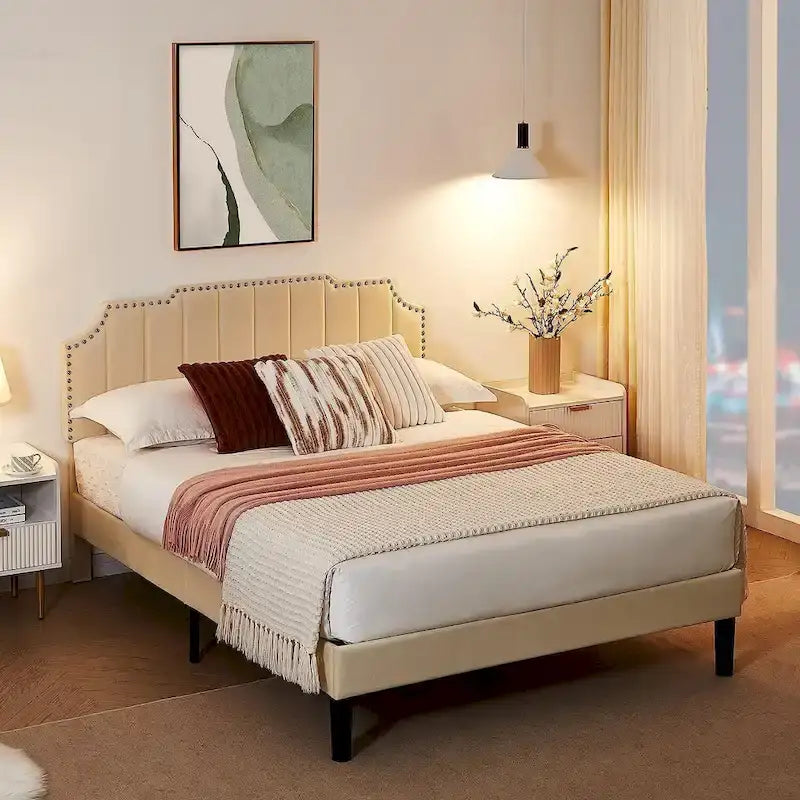 Upholstered Platform Bed Frame with Nailhead Adjustable Headboard, No Box Spring Needed