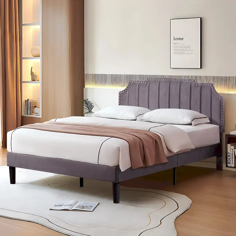 Upholstered Platform Bed Frame with Nailhead Adjustable Headboard, No Box Spring Needed