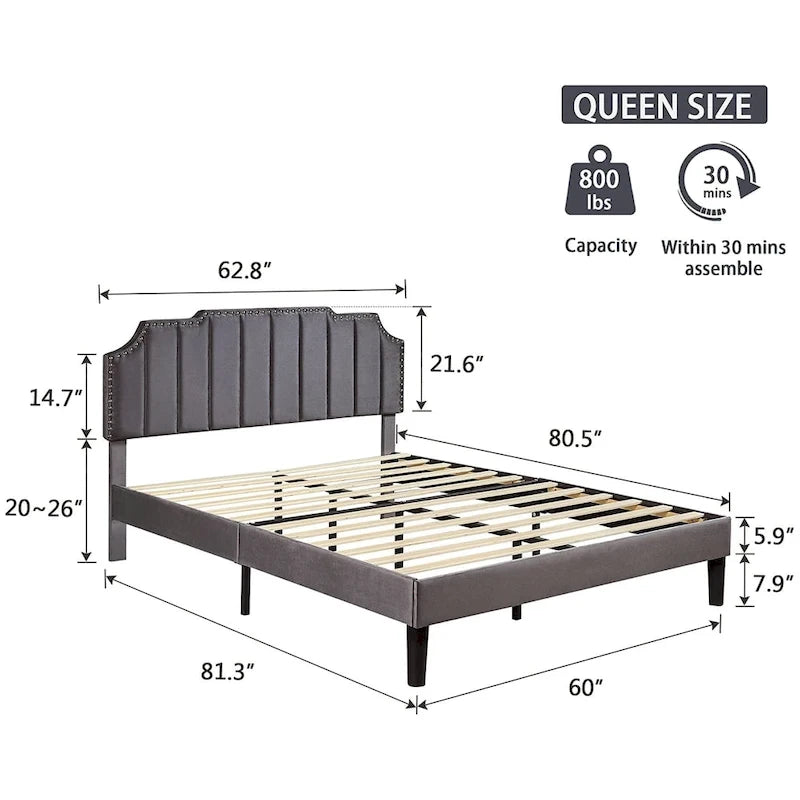 Upholstered Platform Bed Frame with Nailhead Adjustable Headboard, No Box Spring Needed