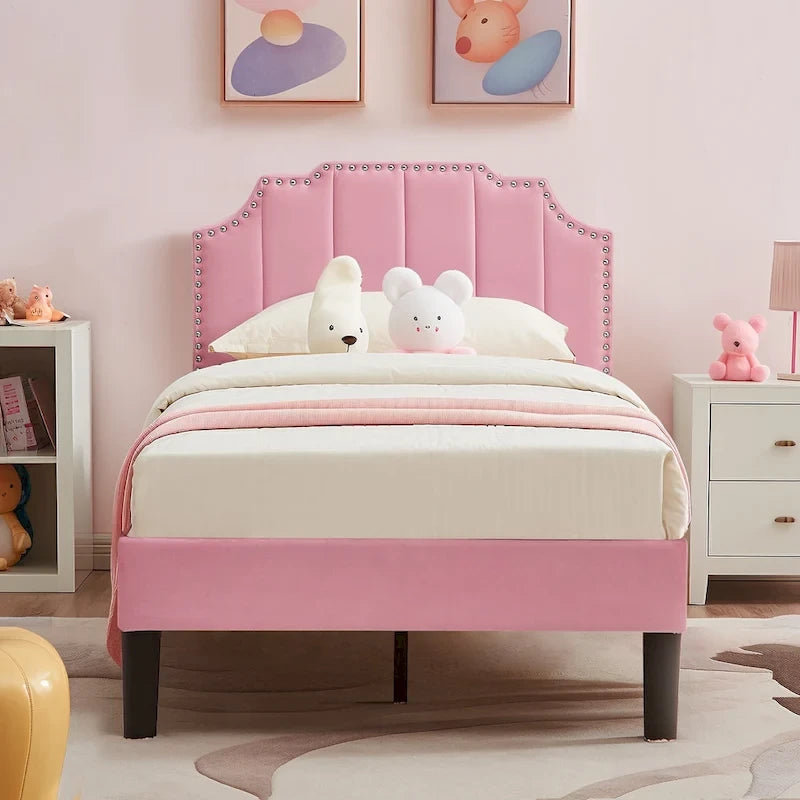 Upholstered Platform Bed Frame with Nailhead Adjustable Headboard, No Box Spring Needed